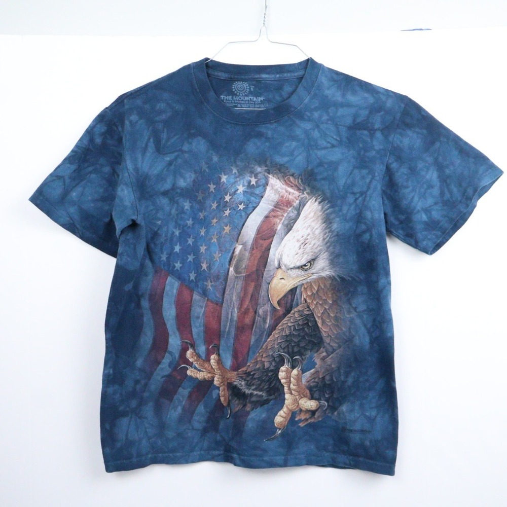 The Mountain Blue Tie Dye Bald Eagle American Flag Graphic T-Shirt Youth Small‎